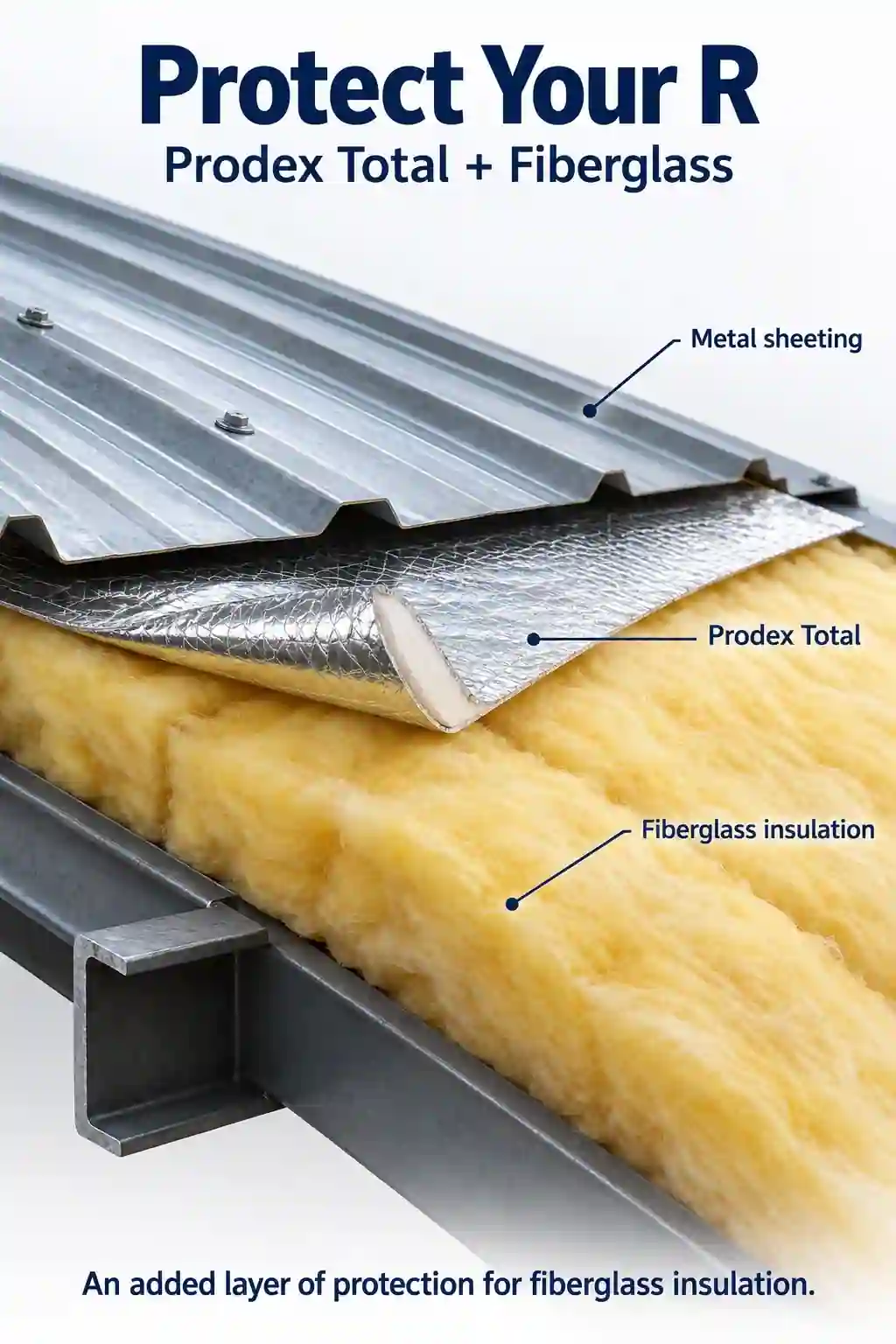 Roof assembly showing metal sheeting above Prodex Total, with fiberglass insulation below